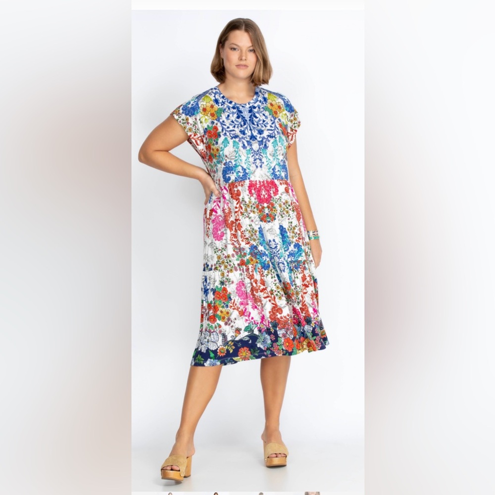 Johnny Was Shellinay Tiered Tea Length Dress Boho Floral Luxury